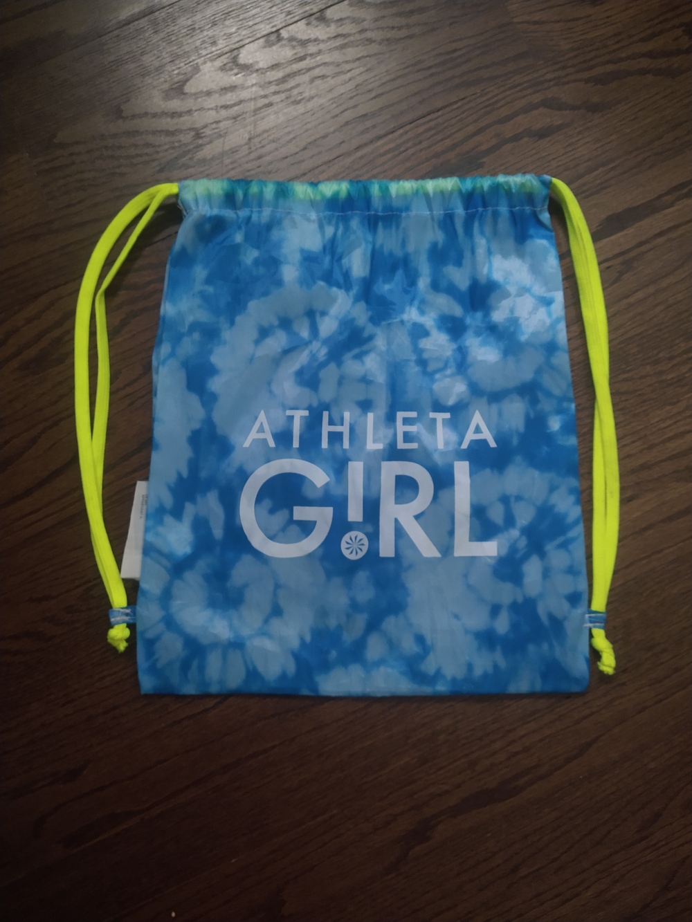 Athleta Girl Blue Tie-Dye Drawstring Bag with Neon Yellow Cords